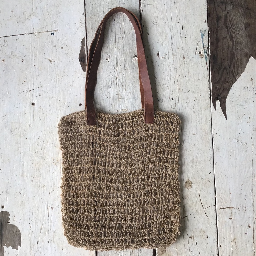 NEW jute leather TOTE market beach HOBO net bag